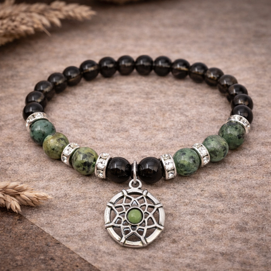 Smoky Quartz & African Turquoise Bracelet with Dreamcatcher Charm – Spiritual Protection & Emotional Healing
