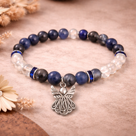 Sodalite & Clear Quartz Spiritual Bracelet with Angel Charm – Divine Guidance & Clarity