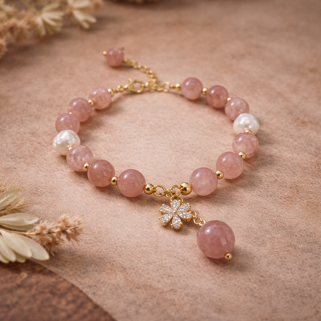 Strawberry Quartz & Pearl Spiritual Bracelet – Self-Love, Emotional Healing & Heart Chakra Balance