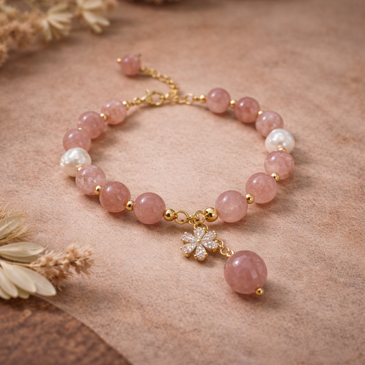 Strawberry Quartz & Pearl Spiritual Bracelet – Self-Love, Emotional Healing & Heart Chakra Balance