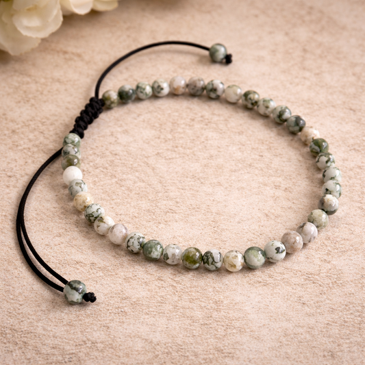 Tree Agate Unisex Adjustable Crystal Bracelet 4mm – Grounding, Abundance & Emotional Balance