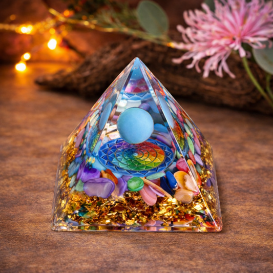 Turquoise & Seashell Orgonite Pyramid – Protection, Calm & Spiritual Healing (Approx. 5cm)