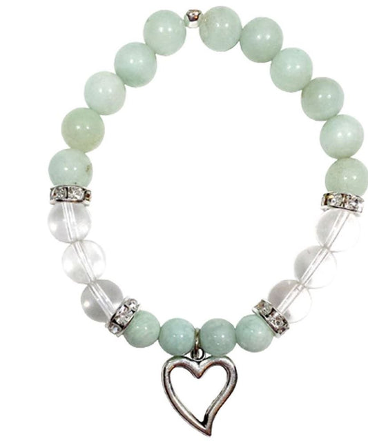 Amazonite and Clear Quartz Bracelet with Delicate Heart Charm – 8mm Beads