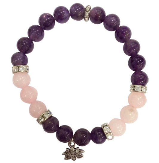 Amethyst and Rose Quartz Bracelet with Lotus Charm  8mm