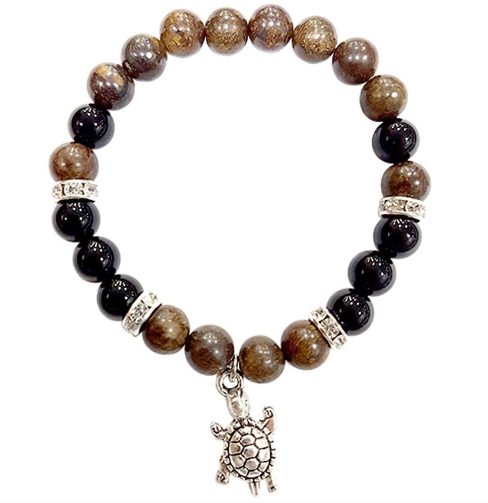 Axinite, Bronzite & Rainbow Obsidian with Charm Turtle Bracelet 8mm