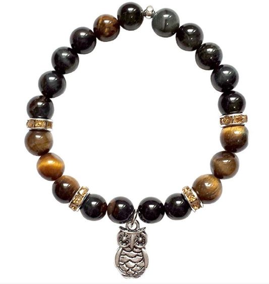 Blue and Brown Tigers Eye Bracelet with Owl Charm 8mm