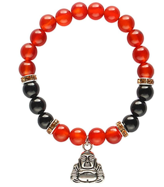 Carnelian with Onyx Bracelet with Buddha Charm 8mm