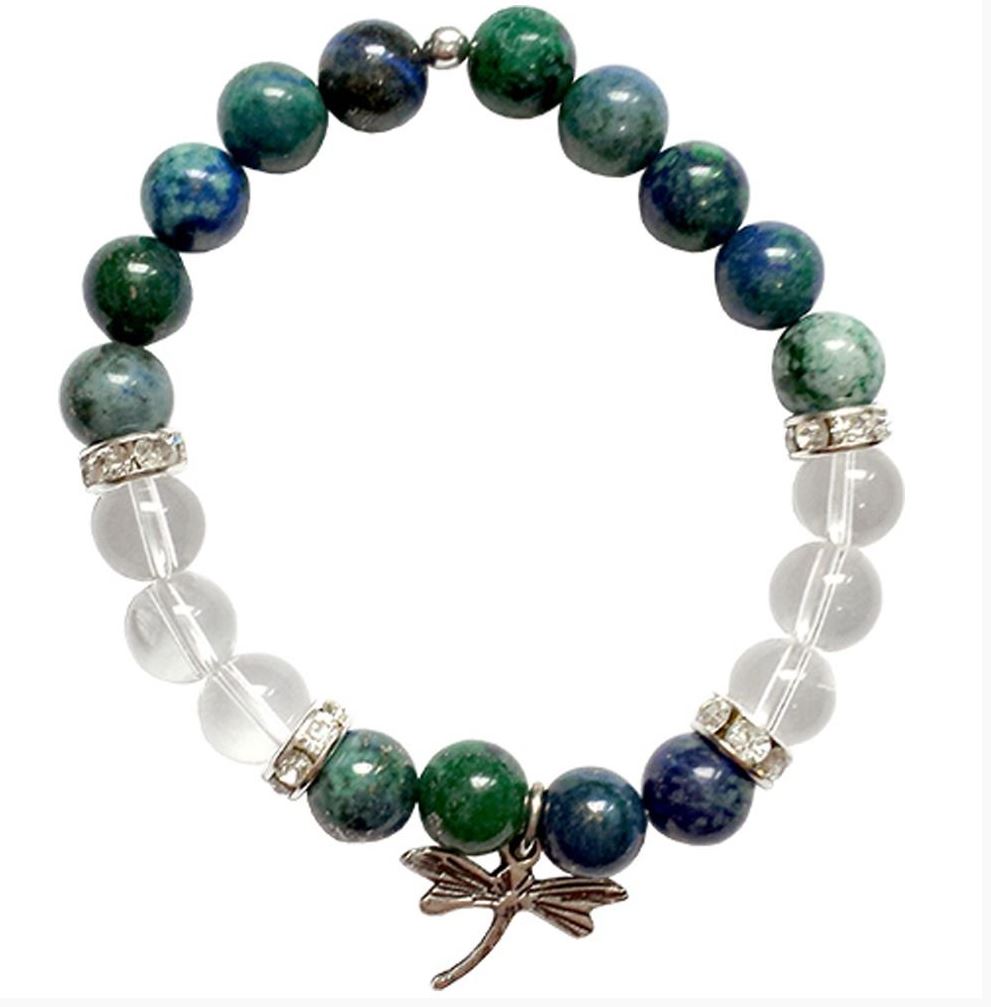 Chrysocolla & Clear Qtz Bracelet with Dragonfly Charm  8mm