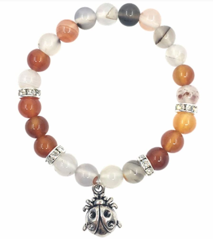 Dendritic Agate & Carnelian Bracelet with Lady Bug Charm 8mm