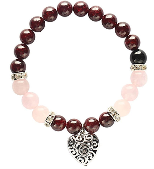 Garnet & Rose Qtz Bracelet with Heart Charm 8mm