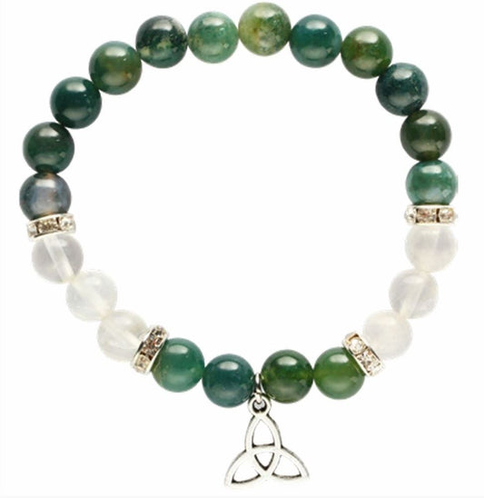 Green Moss & Clear Qtz Bracelet with Triquetra Charm