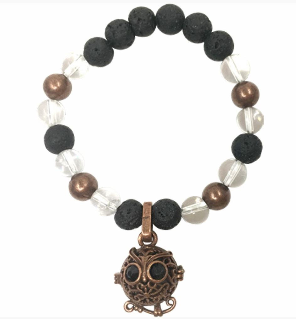 Lava, Copper & Clear Qtz Bracelet with Owl Charm 8mm