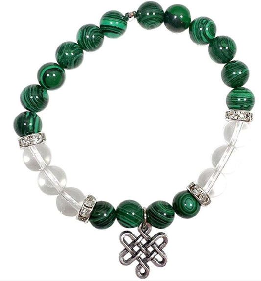 Malachite Bracelet & Clear Qtz 8mm with Celtic Knot Charm